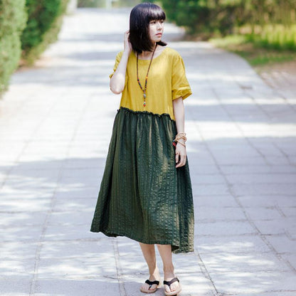 Summer Women Round Neck Short Sleeve Cotton Linen Pleated Dress