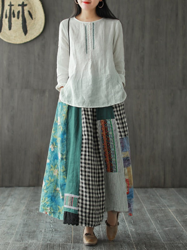 VINTAGE LOOSE CONTRAST COLOR SPLICING A-LINE SKIRT