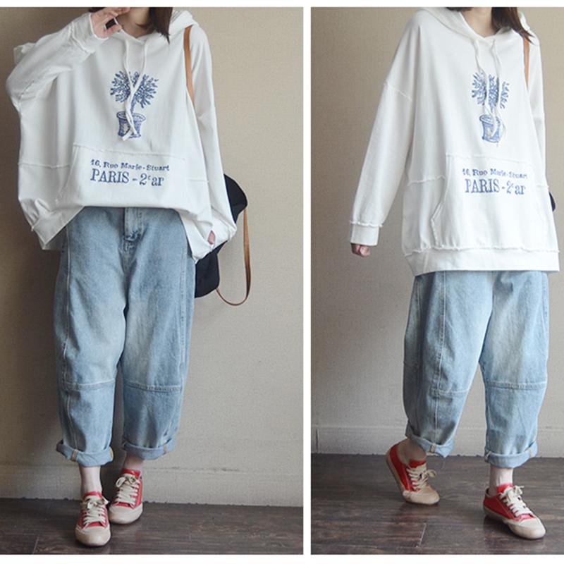 Plant Print Cotton Hooded Spring Sweatshirt