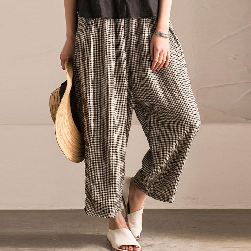 Irregular Women Lattice Loose Linen Cotton Long Pants