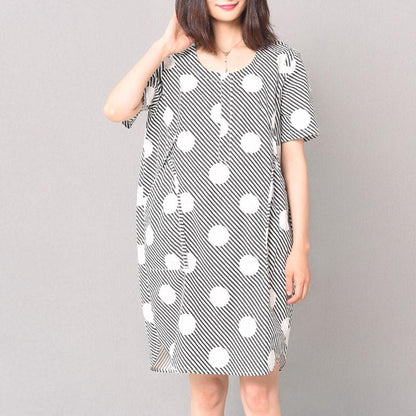 Round Neck Double Pocket Dot Women Black Stripe Dress