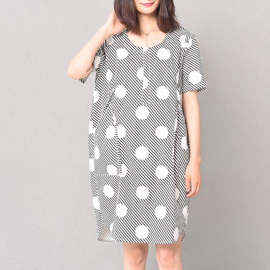 Round Neck Double Pocket Dot Women Black Stripe Dress