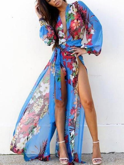 Chiffon Floral-Print Long Sleeve Deep V Neck Side Split Maxi Dress