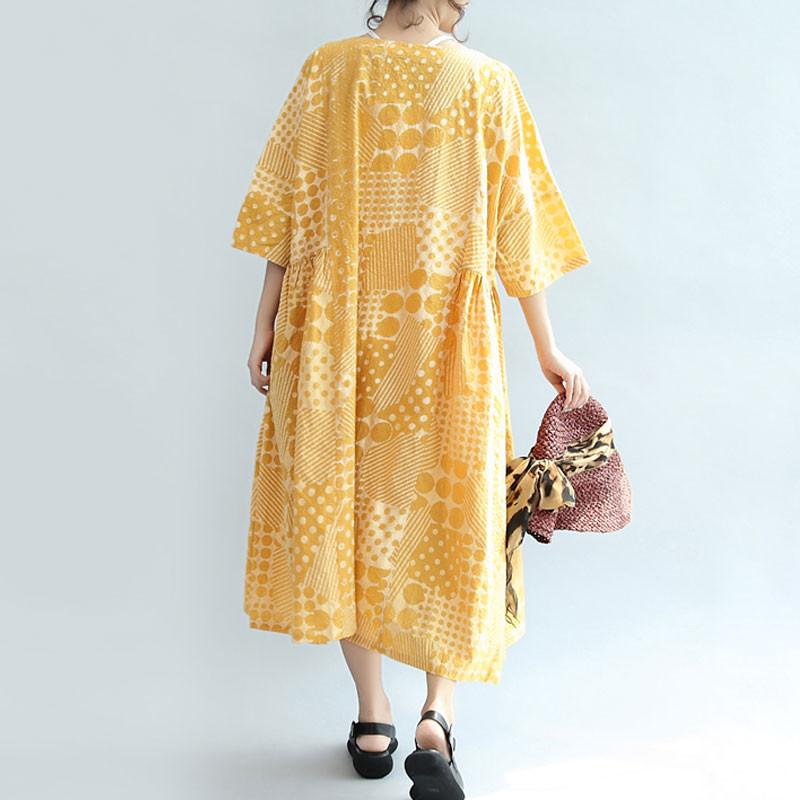 Round Neck Printing Lacing Summer Women Yellow Dress