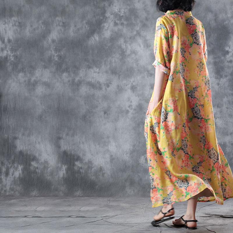 Stand Collar Printed Ramie Single Breasted Women Dress