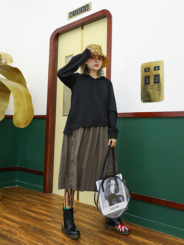 Retro False Two Split-joint Drawstring Sweatshirt Dress