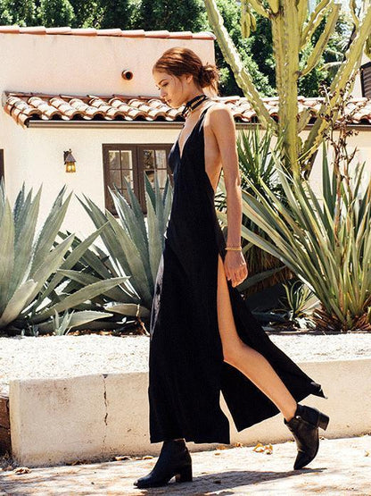 Solid Color Spaghetti-neck Backless Deep V-neck Maxi Dress