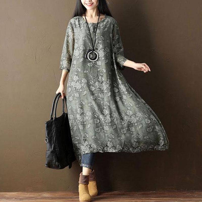 Retro Printed Lining Three Quarter Sleeve Green Dress