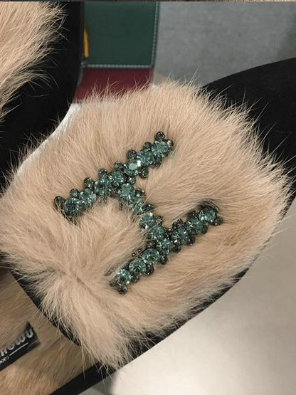 Rhinestone H Letter Artificial Fur Pointed Shoes