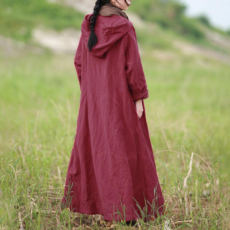 Retro Ethnic Frogs Long Sleeves Wine Red Autumn Winter Women Hoody Coat