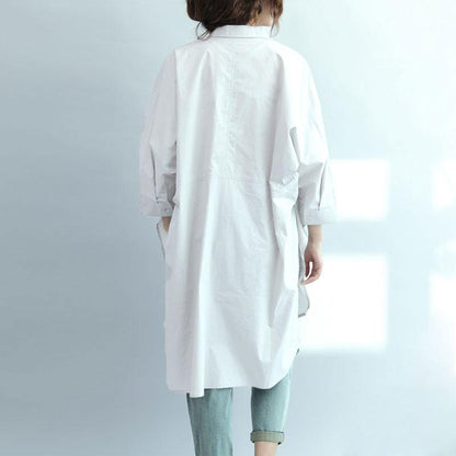 Irregular Literature Polo Collar Long Sleeves Cotton White Women Dress