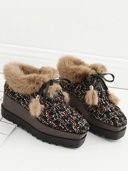 Plus Velvet Artificial Fur England Style Wedge Heel Boots Uggs