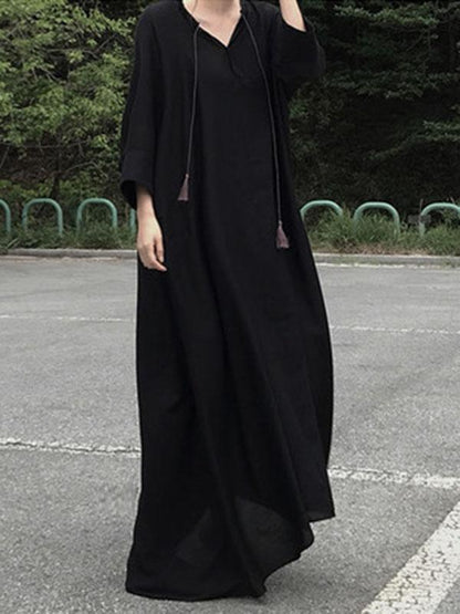 Black Vintage Daily Long Dress with Ropes on the Neck