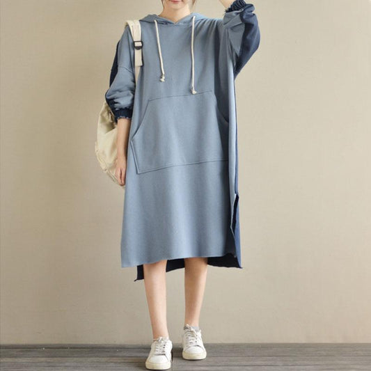 Loose Splicing Hoodies Women Long Sleeve Irregular Dress