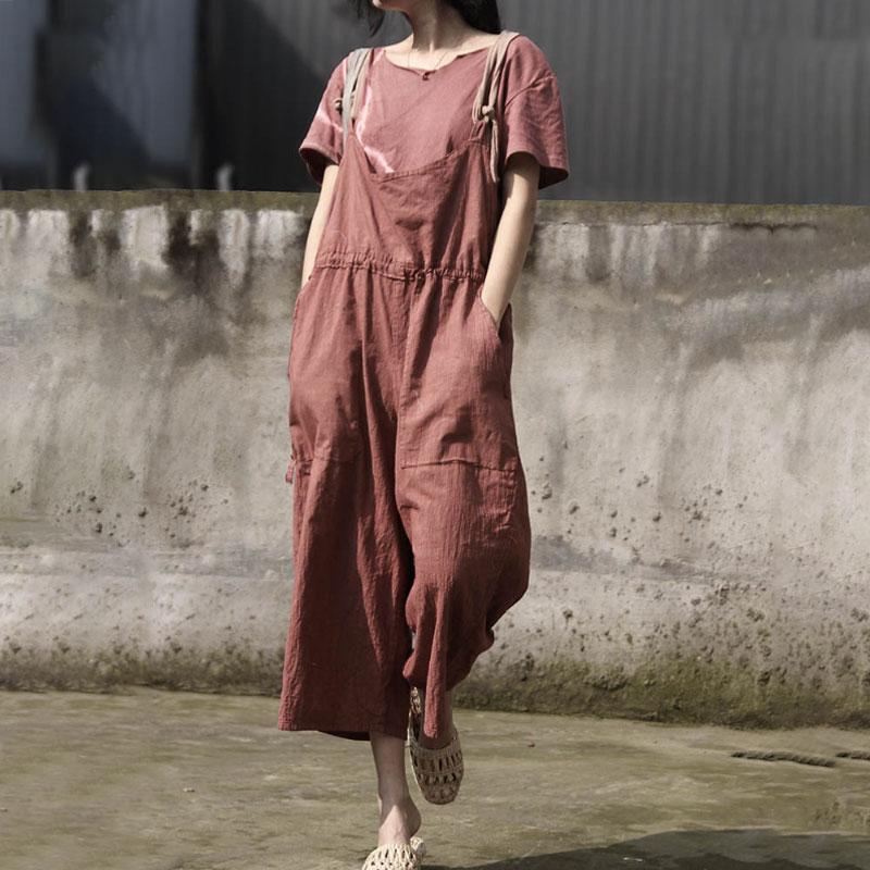 Retro Women Rompers Loose Flax Cotton Jumpsuit
