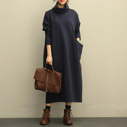 Literature Turtle Neck Long Sleeves Cotton Spandex Navy Blue Women Dress