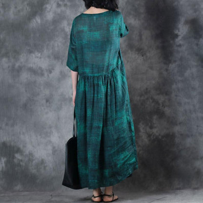 Women Ramie 1/2 Sleeve Printed Pleated Dark Green Dress