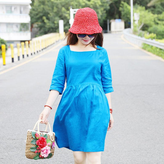 Special Collar Design Women Half Sleeve Loose Blue Folded Dress