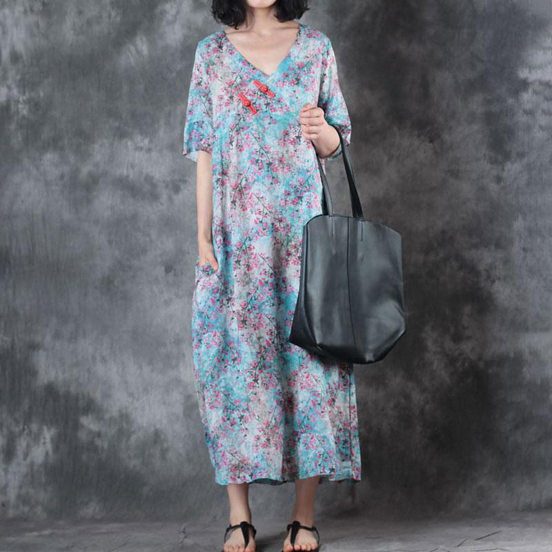 Retro V Neck Short Sleeve Printed Ramie Dress