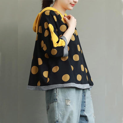 Loose Cotton Dot Hooded Print Blouse