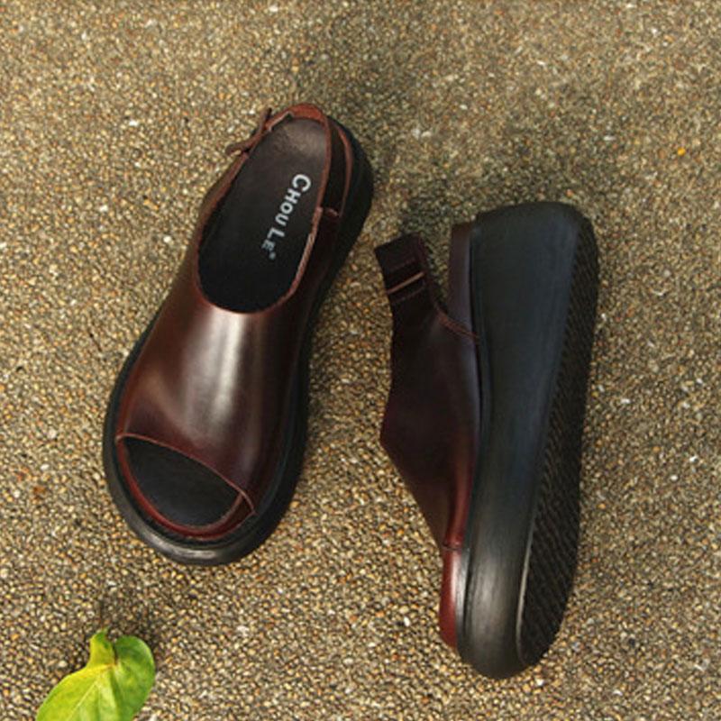 Summer Casual Cow Leather Shoes Coffee Wedge Heel Sandals