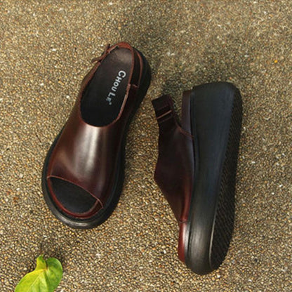 Summer Casual Cow Leather Shoes Coffee Wedge Heel Sandals