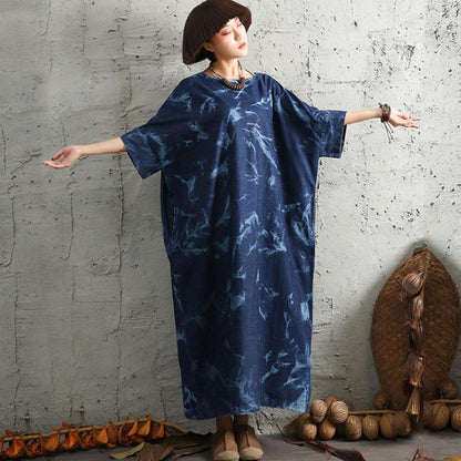 Loose Cotton Linen Women Round Neck Short Sleeve Dress