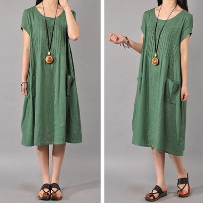 Women Cotton Linen Loose Fitting Dress in Green-Size M,L,XL,2XL