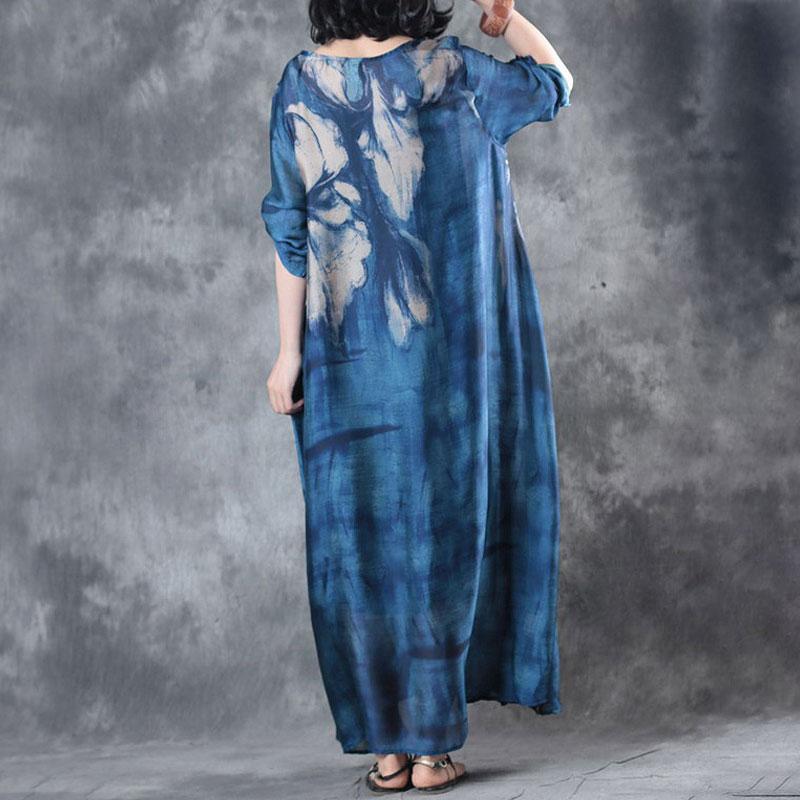 Retro Three Quarter Sleeve Printed Blue Long Dress