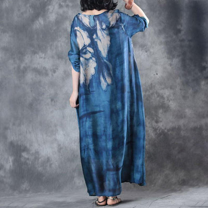 Retro Three Quarter Sleeve Printed Blue Long Dress