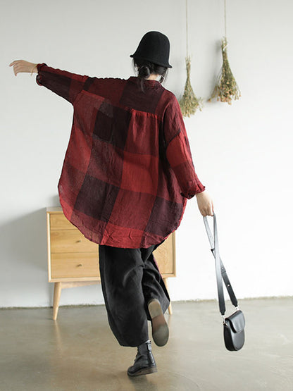 RETRO LINEN PLAID LONG SHIRT