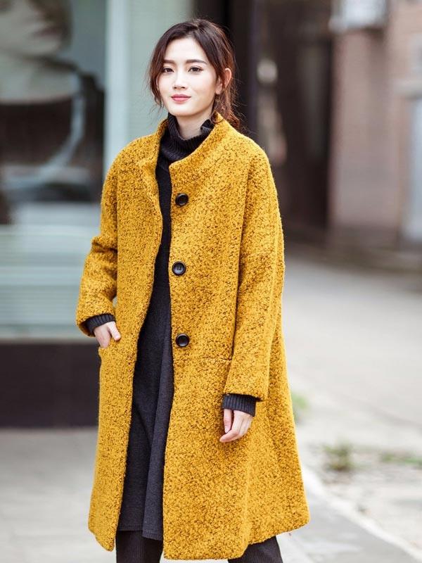 Winter Women Yellow Loose Wool Coat