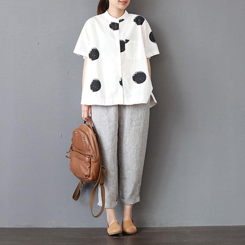 Stand Collar Short Sleeve Loose Cotton White Shirt