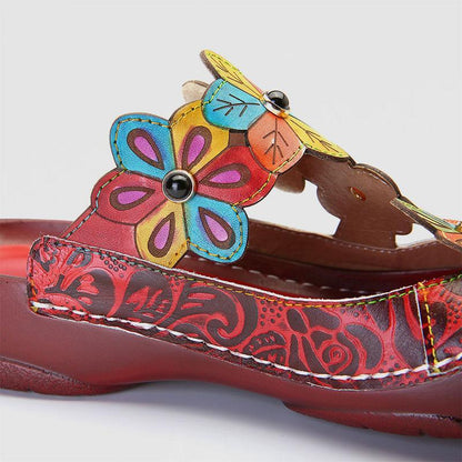Retro Flower Pattern Handmade Leather Flat Round Head Comfortable Casual Sandals