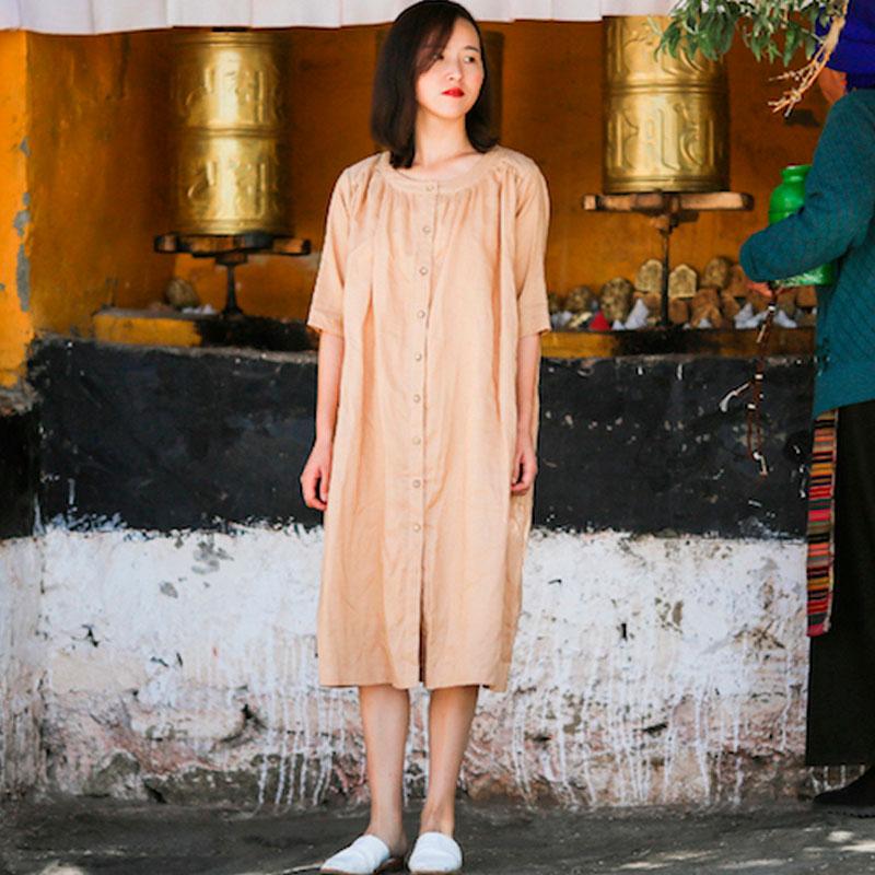 Round Neck Half Sleeve Women Single Breasted Ramie Shirt Dress