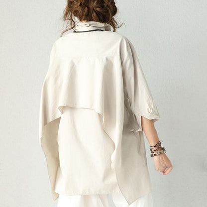 Cotton Loose Single Breasted Polo Collar Patchwork Double Layer Khaki Shirt