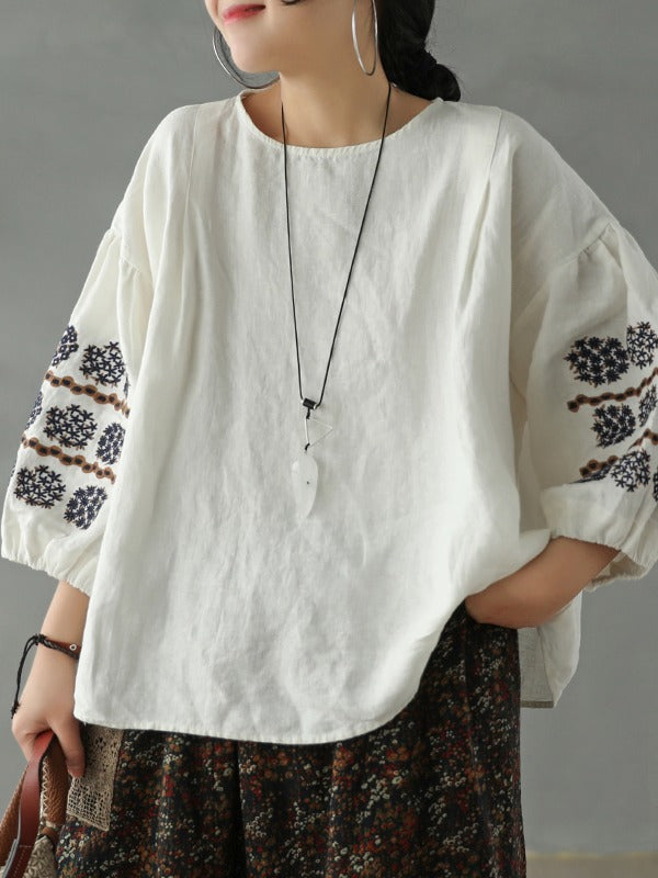 VINTAGE LOOSE NINE-POINT SLEEVE ROUND NECK EMBROIDERED T-SHIRT
