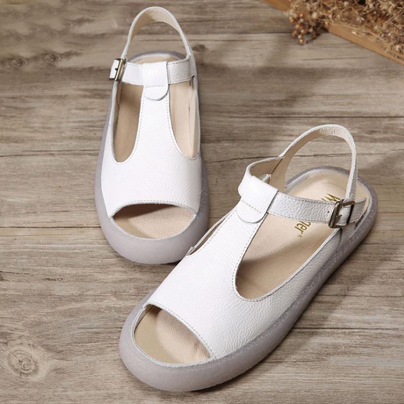 Summer Flat Heel Cow Leather Shoes Portable White Sandals