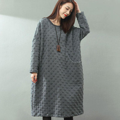 Jacquard Round Neck Hedging Long Sleeves Literature Gray Women Dress