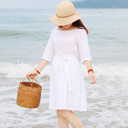 Special Collar Design Women Half Sleeve Loose White Folded Dress