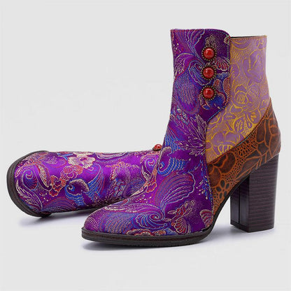 Retro Vintage Printed Leather Block High Heels Ankle Boots