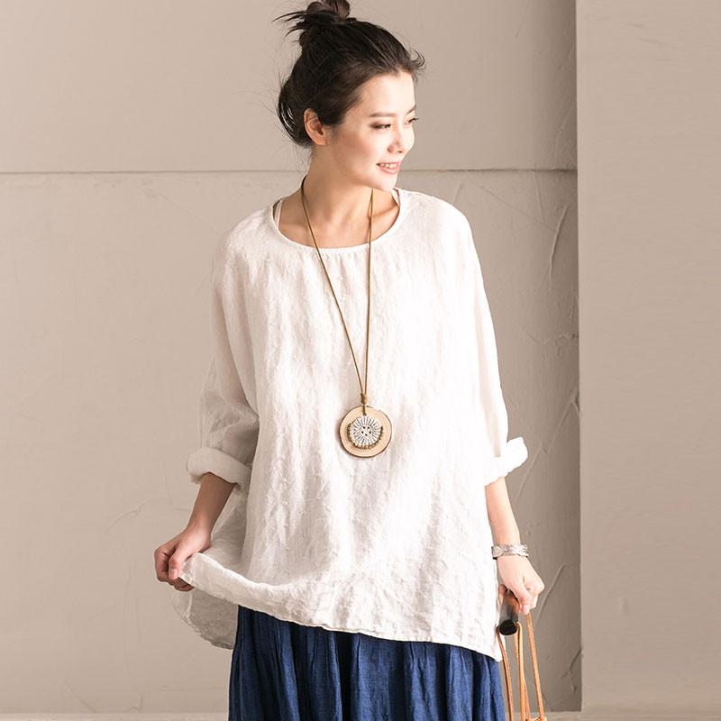 Linen Bat Sleeve Round Neck Loose White Shirt