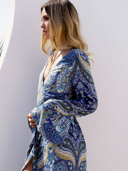 Bohemia Floral Front Split with Tie Long Sleeve Maxi Dress
