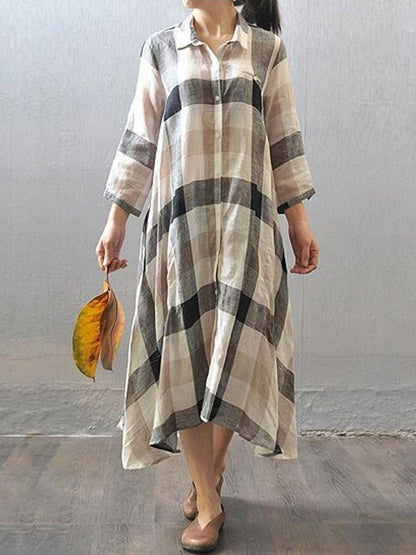 Women cotton linen shirt dress summer 3/4 sleeve