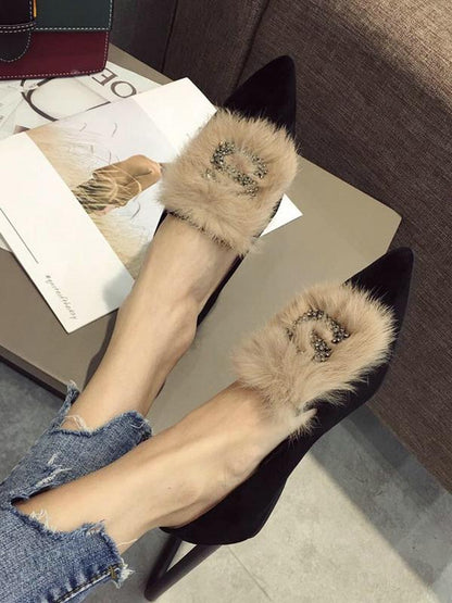 Rhinestone S Letter Artificial Fur Pointed Shoes