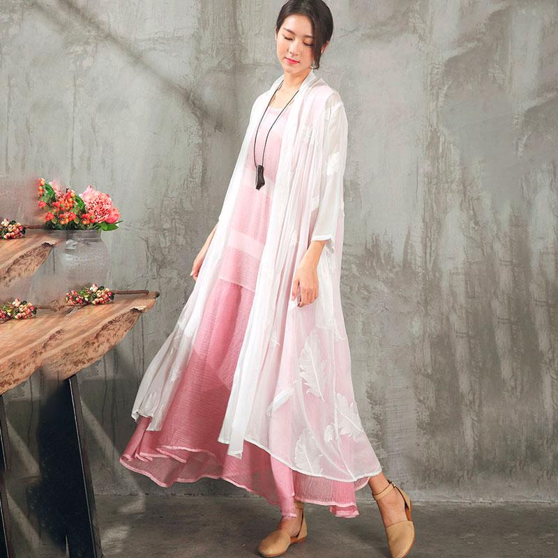 Women Feather Embroidery White Cardigan Thin Coat