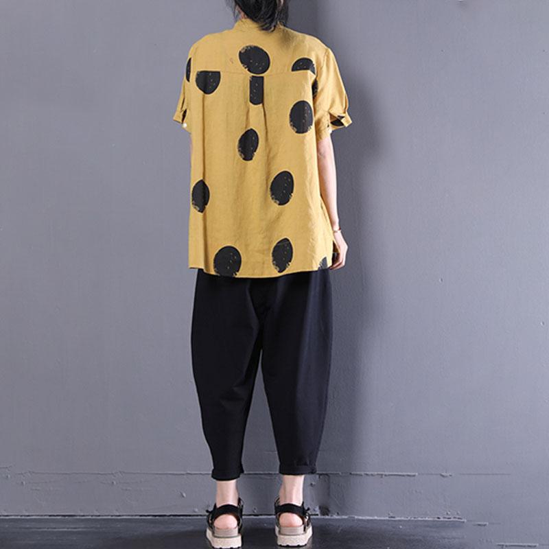 Stand Collar Short Sleeve Loose Cotton Yellow Shirt