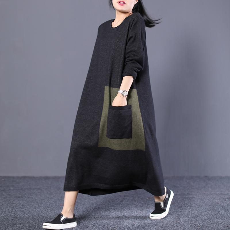 Loose Round Neck Long Knit Sweater Coffee and Black Dress