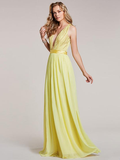 Deep V-neck Sleeveless Evening Dress