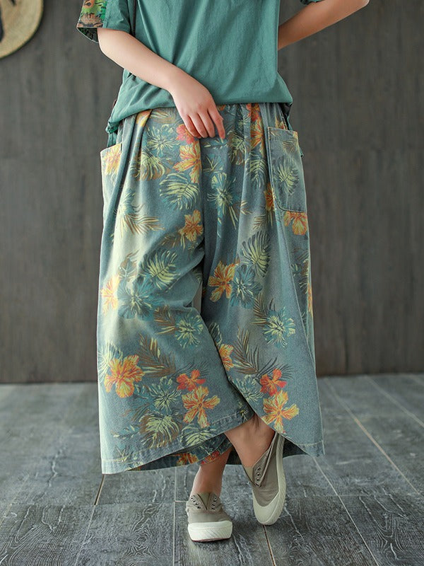 VINTAGE LOOSE PRINT JEAN WIDE-LEG PANTS